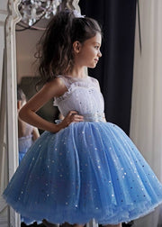 Stylish Baby Blue Tulle Sequins Ruffled Patchwork Kids Mid Dress Summer