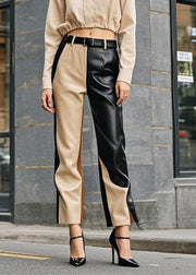 Stylish Beige Asymmetrical Patchwork Faux Leather Pants Spring