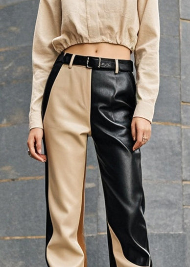 Stylish Beige Asymmetrical Patchwork Faux Leather Pants Fall