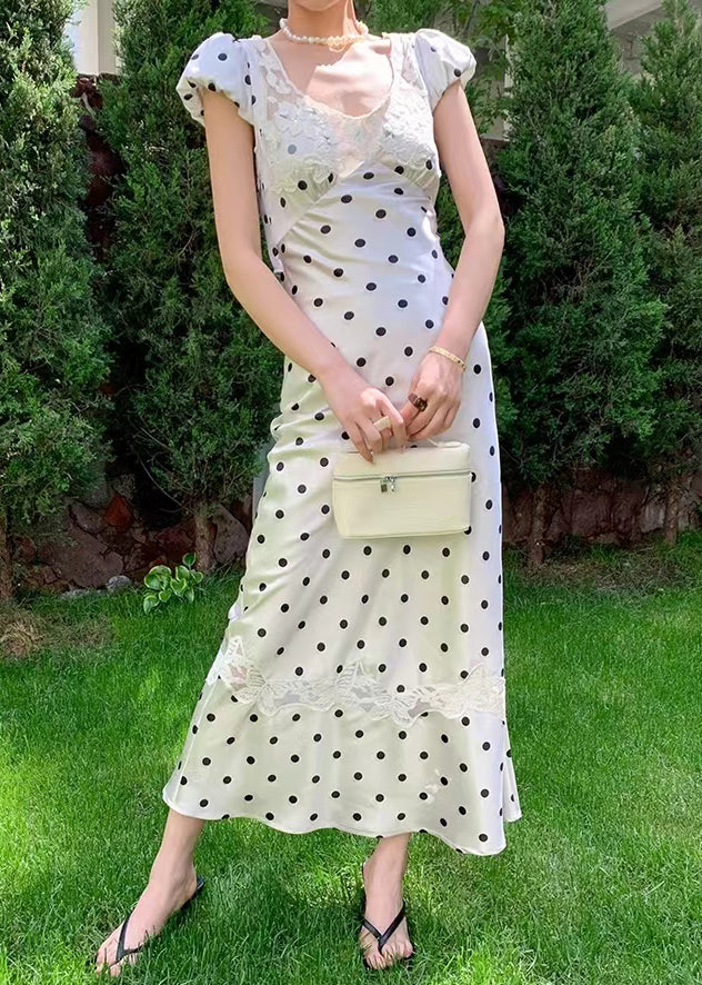 Stylish Beige Dot Patchwork Silk Long Dress Summer