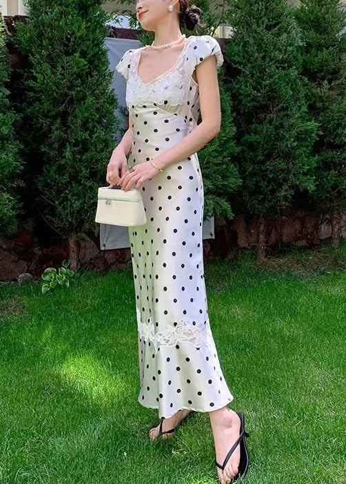 Stylish Beige Dot Patchwork Silk Long Dress Summer