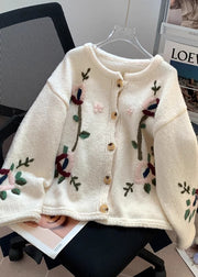 Stylish Beige Embroidered Floral Knit Cardigans Spring