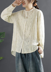 Stylish Beige Embroidered Hollow Out Cotton Shirt Tops Spring