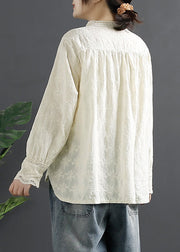 Stylish Beige Embroidered Hollow Out Cotton Shirt Tops Spring