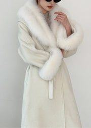 Stylish Beige Fur Collar Tie Waist Long Woolen Coats Spring