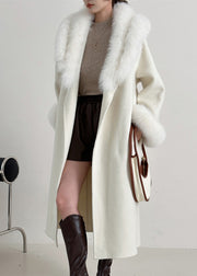 Stylish Beige Fur Collar Tie Waist Long Woolen Coats Spring