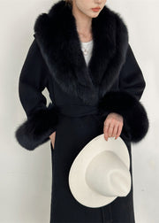 Stylish Beige Fur Collar Tie Waist Long Woolen Coats Winter