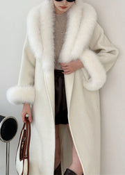 Stylish Beige Fur Collar Tie Waist Long Woolen Coats Spring