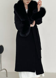 Stylish Beige Fur Collar Tie Waist Long Woolen Coats Winter