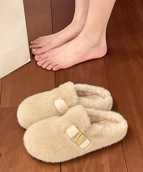 Stylish Beige Fuzzy Fur Slippers Shoes Splicing