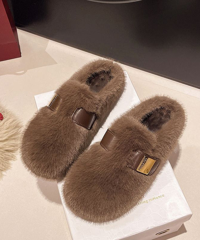 Stylish Beige Fuzzy Fur Slippers Shoes Splicing