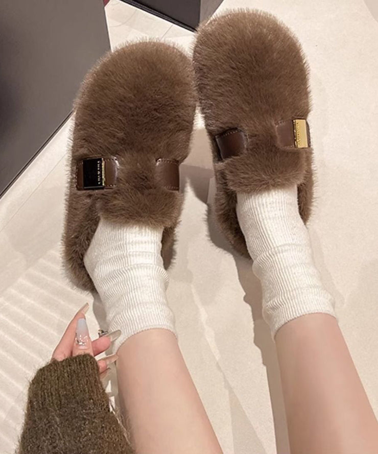 Stylish Beige Fuzzy Fur Slippers Shoes Splicing