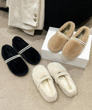 Stylish Beige Fuzzy fur Nail Bead Splicing Flat Feet Shoes