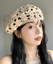 Stylish Beige Hollow Out  Floral Knit Beret Hat