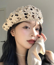 Stylish Beige Hollow Out  Floral Knit Beret Hat