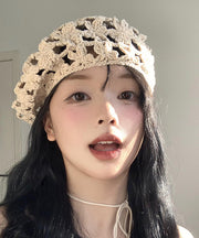 Stylish Beige Hollow Out  Floral Knit Beret Hat