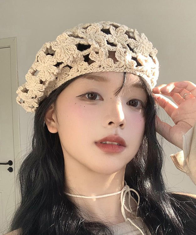 Stylish Beige Hollow Out  Floral Knit Beret Hat