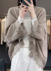 Stylish Beige Hollow Out Lace Patchwork Woolen Cardigans Fall