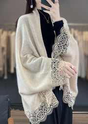 Stylish Beige Hollow Out Lace Patchwork Woolen Cardigans Fall