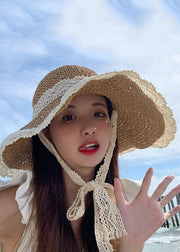 Stylish Beige Hollow Out Lace Straw Woven Floppy Sun Hat