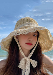 Stylish Beige Hollow Out Lace Straw Woven Floppy Sun Hat