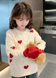 Stylish Beige Love Print Cotton Knit Kids Sweater Spring