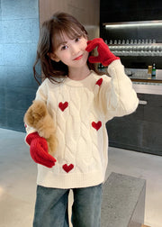 Stylish Beige Love Print Cotton Knit Kids Sweater Spring