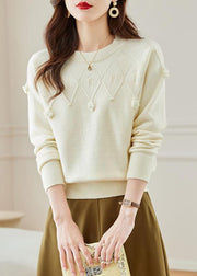 Stylish Beige O Neck Hollow Out Knit Sweater Fall