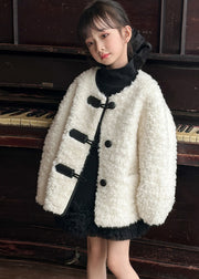 Stylish Beige O-Neck Patchwork Button Girls Faux Fur Coat Winter