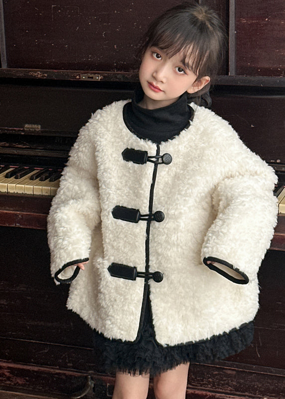 Stylish Beige O-Neck Patchwork Button Girls Faux Fur Coat Winter