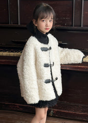 Stylish Beige O-Neck Patchwork Button Girls Faux Fur Coat Winter