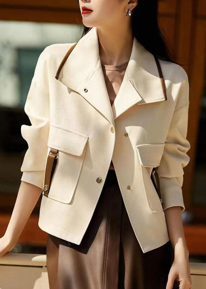 Stylish Beige Peter Pan Collar Pockets Patchwork Cotton Coats Fall