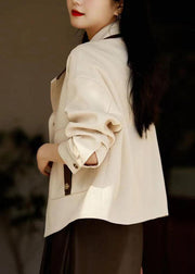 Stylish Beige Peter Pan Collar Pockets Patchwork Cotton Coats Fall