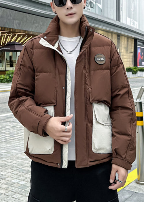 Stylish Beige Pockets Patchwork Duck Down Mens Coat Winter