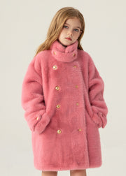 Stylish Beige Stand Collar Pockets Kids Long Mink Velvet Coats Winter