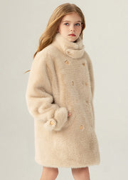 Stylish Beige Stand Collar Pockets Kids Long Mink Velvet Coats Winter