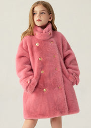 Stylish Beige Stand Collar Pockets Kids Long Mink Velvet Coats Winter