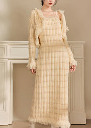 Stylish Beige Tassel Coat And Dress Knit Two Pieces Set Spring