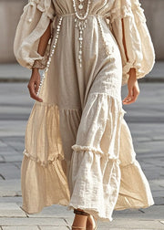 Stylish Beige Tasseled Hollow Out Cotton Long Dresses Fall