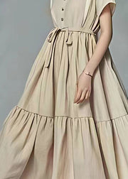 Stylish Beige Tie Waist Wrinkled Patchwork Linen Dress Summer