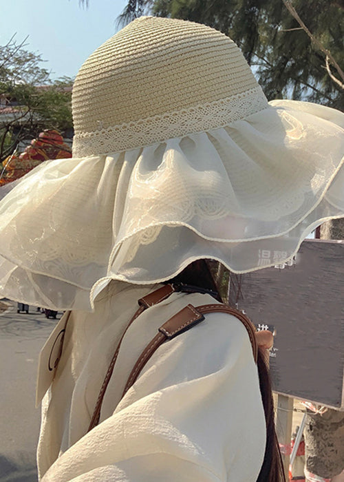 Stylish Beige Tulle Lace Patchwork Straw Woven Bucket Hat