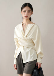 Stylish Beige V Neck Asymmetrical Design Cotton Shirts Fall