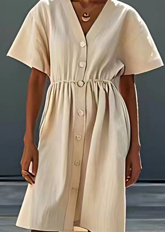Stylish Beige V Neck Button Patchwork Linen Dresses Summer