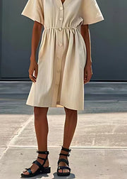 Stylish Beige V Neck Button Patchwork Linen Dresses Summer