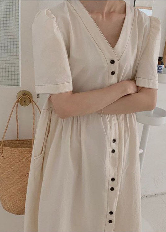 Stylish Beige V Neck Patchwork Wrinkled Cotton Dresses Puff Sleeve