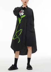 Stylish Black Asymmetrical Floral Pocket Cotton Vacation Dresses Spring