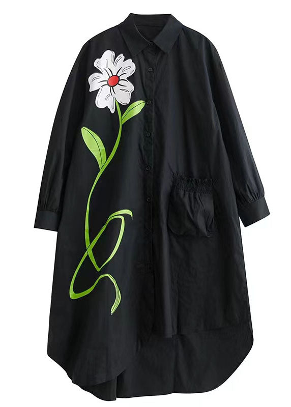 Stylish Black Asymmetrical Floral Pocket Cotton Vacation Dresses Spring