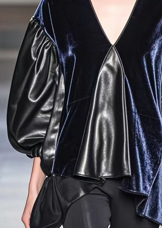 Stylish Black Asymmetrical Patchwork Faux Leather Shirts Fall