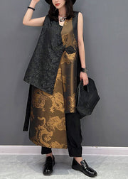 Stylish Black Asymmetrical Patchwork Jacquard Silk Chinese Style Vests Sleeveless