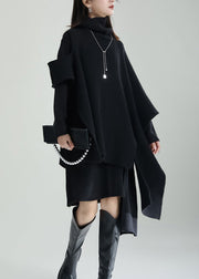 Stylish Black Asymmetrical Patchwork Knit Two Pieces Set Winter